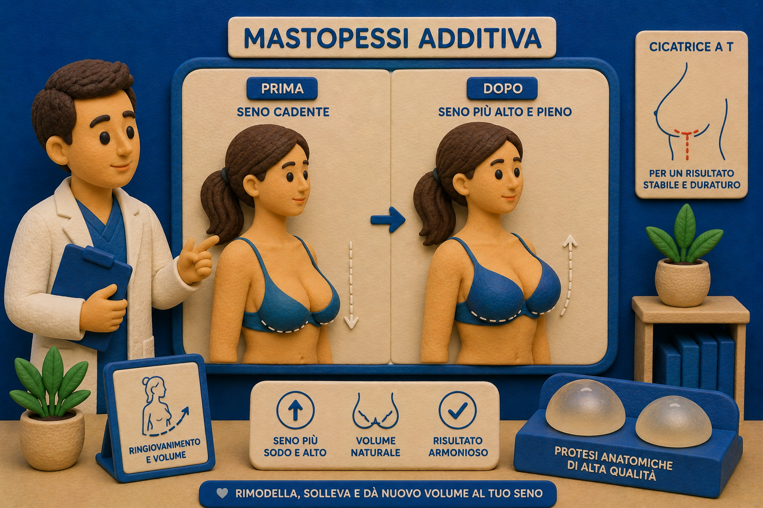 Before-and-after illustration of augmentation mastopexy, with a diagram of the T-scar and anatomical implants