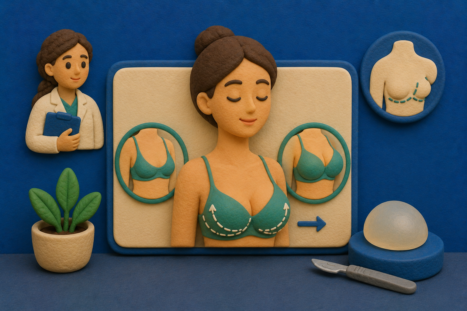 Illustration of a before-and-after breast augmentation, comparing results with a breast implant in the foreground