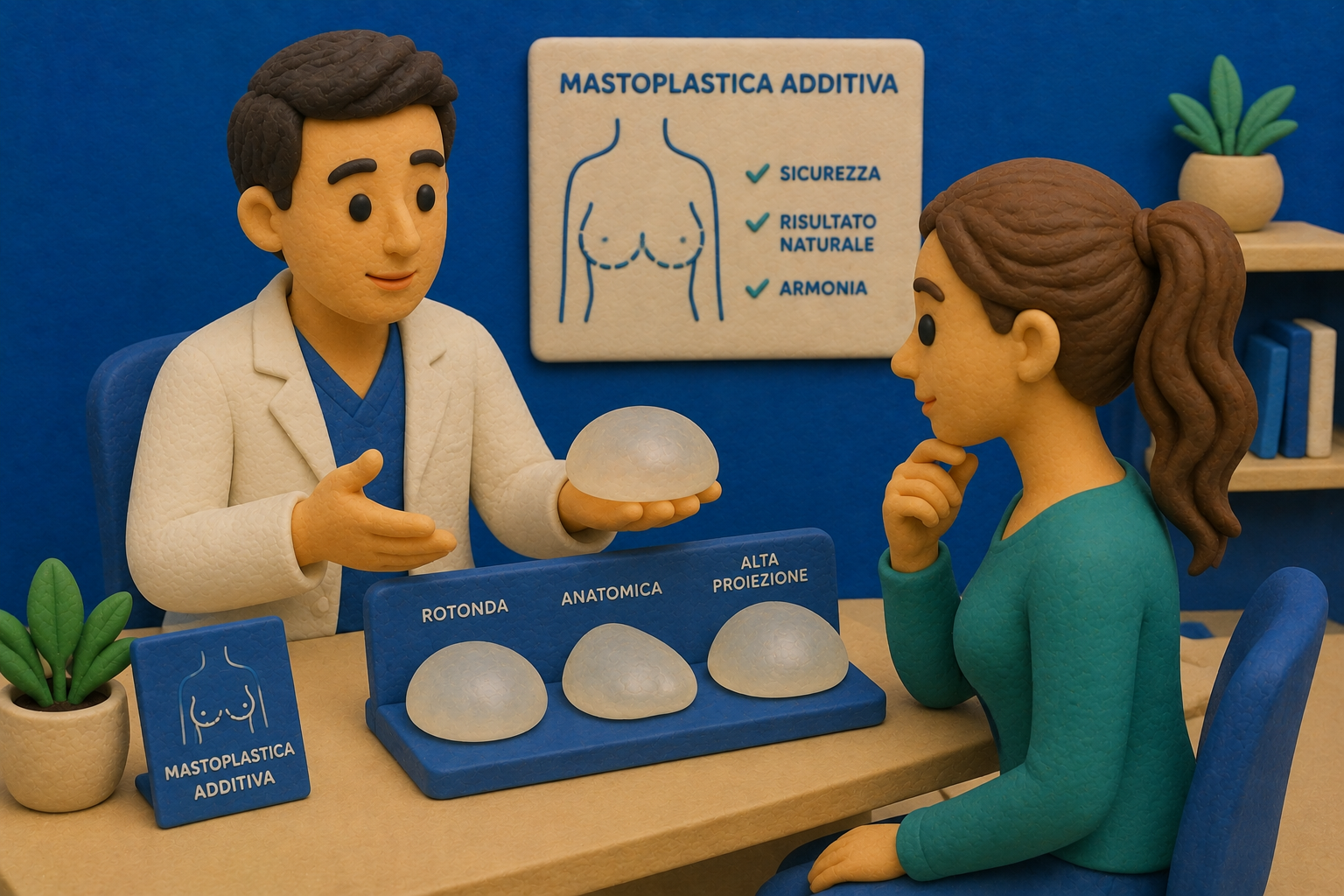 Chirurgo che mostra a una paziente diversi tipi di protesi mammarie durante una consulenza