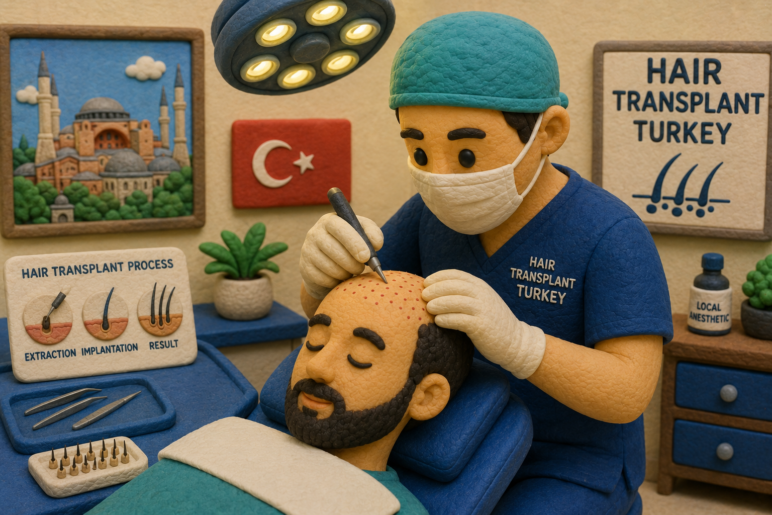 Chirurgo durante un intervento di trapianto di capelli in una clinica in Turchia, con bandiera turca e skyline di Istanbul sullo sfondo